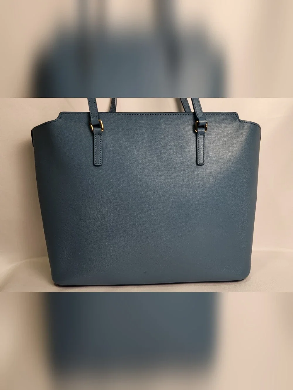 Blue MCM Saffiano Leather Shopper Tote Bag Matching Detachable Pouch Gold - Picture 3 of 16